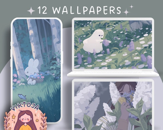 Pastel Anime Wallpaper Set: Cozy Floral Desktop & iPad Backgrounds (Digital Download)
