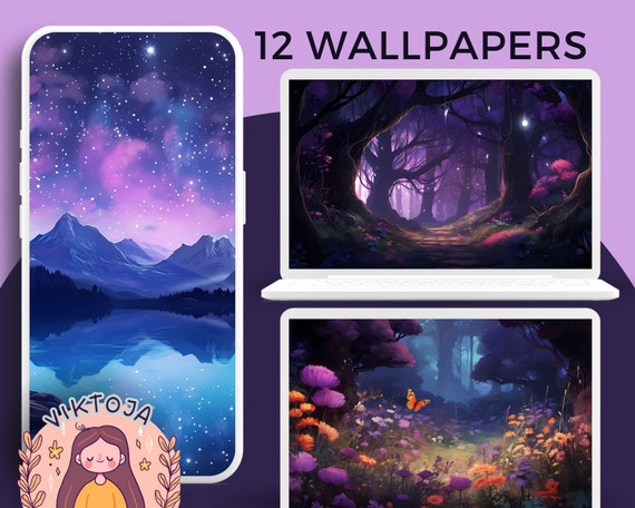 Studio Ghibli Inspired Wallpaper: Purple Night Sky, Forest (Digital Download)