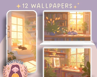 Cosy Spring Cats Wallpaper: desktop en mobiel (digitale download)