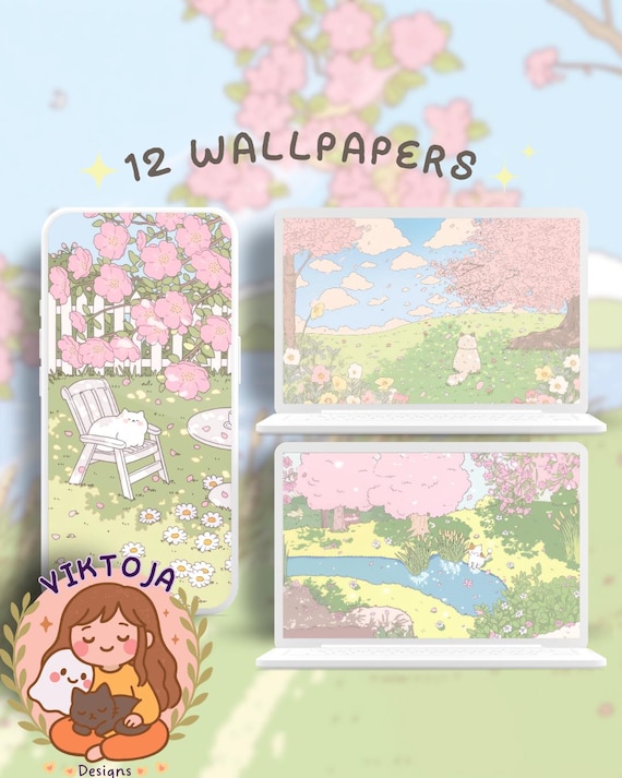 Sakura Cat Wallpaper: cherry blossoms, Cozy Desktop Backgrounds (Digital Download)