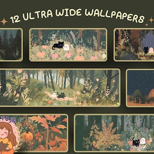 May include: A collection of 12 ultra-wide wallpapers featuring whimsical forest scenes. Each scene includes a black cat, a ghost, and pumpkins. The color palette includes greens, oranges, and browns, creating a cozy, autumnal aesthetic.