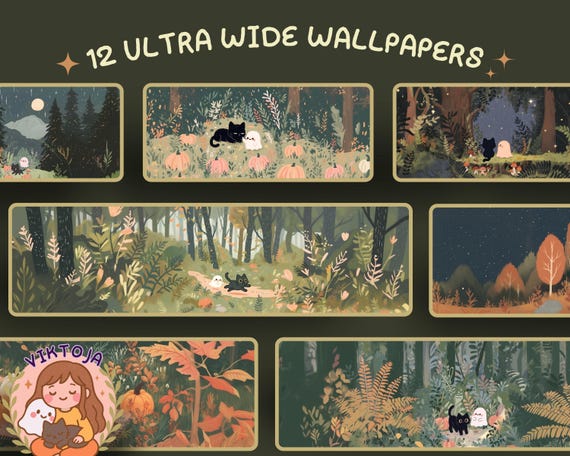 Green autumn Lofi Desktop Wallpaper: Ghostly cat Theme ultrawide (Digital Download 12-Pack)
