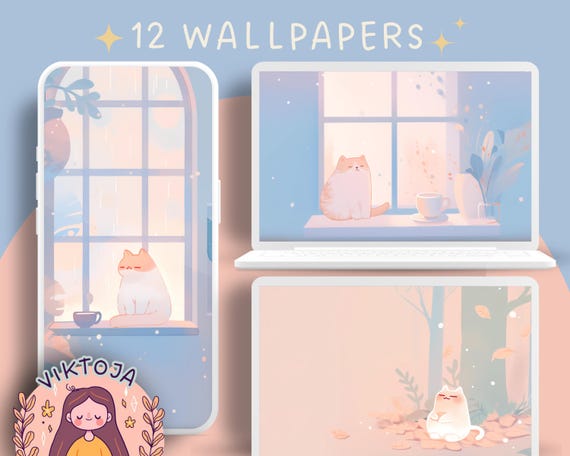 Cozy Cats Wallpaper Set: Pastel Autumn Desktop Backgrounds (Digital Download)