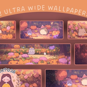 Kawaii pumpkin cat ultrawide Wallpaper autumn  halloween desktop wallpaper cozy screensaver kawaii background phone wallpaper fall 4k