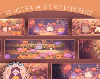 Kawaii Pumpkin Cat Wallpaper: Ultrawide Autumn Screensaver (Digital Download)