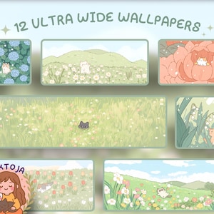Puede incluir: Una colección de 12 fondos de pantalla ultra anchos con ilustraciones caprichosas. Cada fondo de pantalla muestra gatos en entornos florales y naturales. La paleta de colores incluye verdes, azules y rosas suaves, creando una estética relajante.