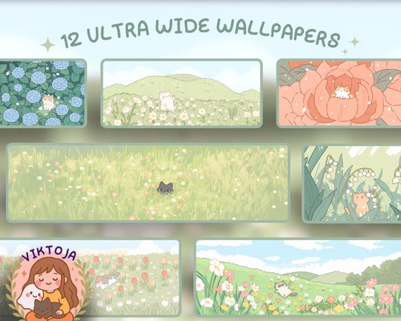 Kawaii flower cat spring Ultrawide Wallpaper Set Desk Setup Desktop for 21:9 32x9