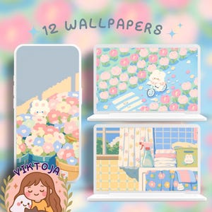 May include: Digital artwork showing a phone and two laptops with colourful wallpapers. The phone displays a floral arrangement, and the laptops show whimsical scenes with cartoon characters and floral patterns. Text reads "12 WALLPAPERS".