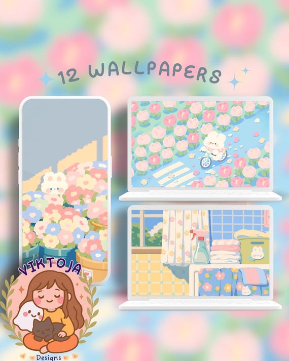 Flower Bunny Wallpaper: Pastel Kawaii Phone & Desktop Backgrounds (Digital Download) Bonnie the bunny