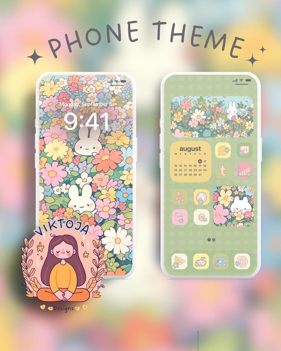 Flower Bunny Phone Theme: iOS & Android Icons, Wallpaper (Digital Download)