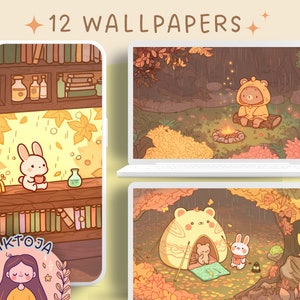 Coniglietto e orso Carta da parati pioggia autunnale carta da parati halloween sfondo del desktop accogliente salvaschermo sfondo kawaii sfondo del telefono autunno 4k
