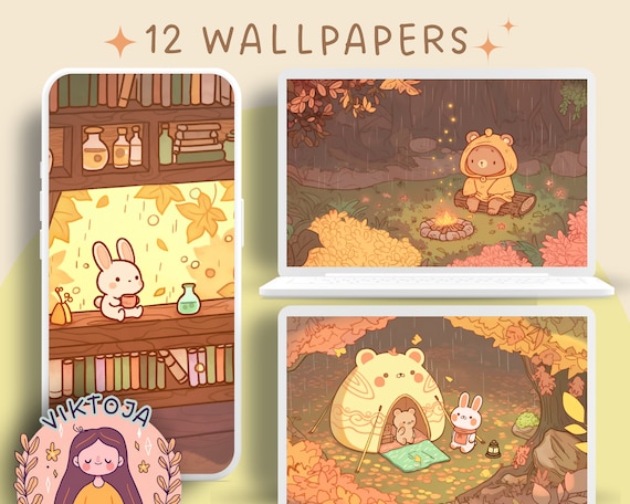 Bunny and Bear Autumn Wallpaper: Cozy Kawaii Screensaver (Digital Download)