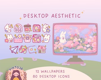May include: A pink and blue computer monitor with a desktop aesthetic theme. The monitor displays a pastel landscape with a river and flowers. The text "DESKTOP AESTHETIC" is at the top of the image. Below the monitor are 80 desktop icons in a grid pattern. The icons are cute and colorful, featuring bunnies, flowers, and other whimsical designs. The text "12 WALLPAPERS 80 DESKTOP ICONS" is at the bottom of the image.