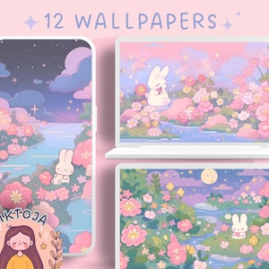 coniglietti di fiori Sfondo sfondo pastello sfondo rosa sfondo del desktop salvaschermo carino sfondo kawaii telefono fiore carta da parati carino Schermata di blocco