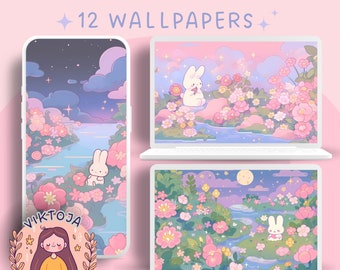 Flower Bunny Wallpaper: Pastel Kawaii Phone & Desktop Backgrounds (Digital Download)