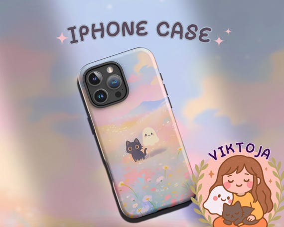 Kawaii Cat & Ghost iPhone Case: Pastel Cottagecore Wildflower Art