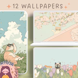Spring time kitty Kawaii flower Wallpaper pastel wallpaper pink desktop wallpaper cute screensaver kawaii background phone flower wallpaper