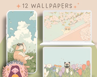 Kawaii Kitty Flower Wallpaper: Spring Pastel Screensaver (Digital Download)