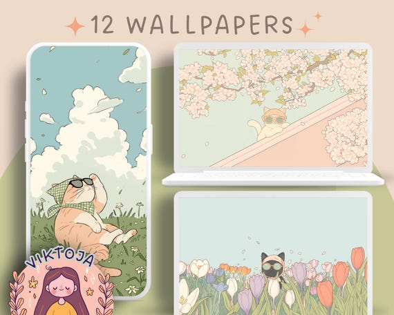Kawaii Kitty Flower Wallpaper: Spring Pastel Screensaver (Digital Download)