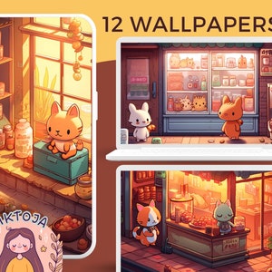Fondo de pantalla de gato acogedor, fondo de pantalla en colores pastel, fondo de pantalla de escritorio lofi, salvapantallas de gato kawaii, fondo kawaii, fondo de pantalla del teléfono, pantalla de bloqueo de gato lindo