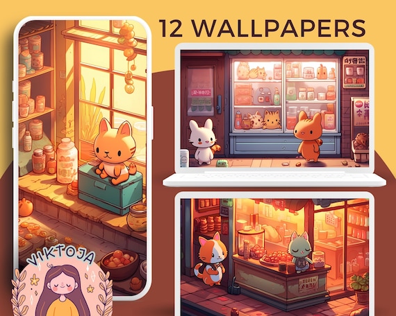 Cozy Cat City Wallpaper: Kawaii Lofi Desktop & Phone Backgrounds (Digital Download)