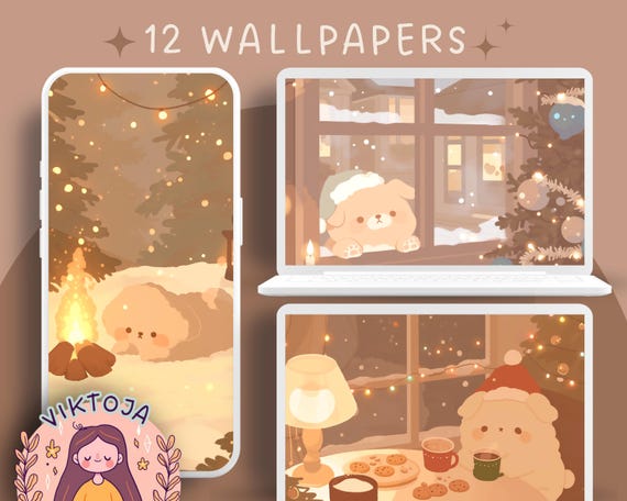 Kawaii Christmas Puppies Wallpaper: Cozy Holiday Screensaver (Digital Download)