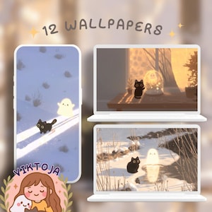 May include: A digital art image showcasing 12 wallpapers with a winter theme. The wallpapers feature a black cat and a ghost in a snowy landscape. The image includes a phone and two laptops displaying the wallpapers. The image also includes the text "12 WALLPAPERS" and the artist's logo.