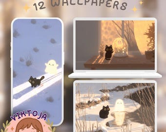May include: A digital art image showcasing 12 wallpapers with a winter theme. The wallpapers feature a black cat and a ghost in a snowy landscape. The image includes a phone and two laptops displaying the wallpapers. The image also includes the text "12 WALLPAPERS" and the artist's logo.