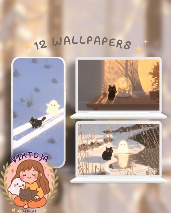 Kawaii winter Cat Wallpaper: Cozy Phone & Desktop Backgrounds (Digital Download)