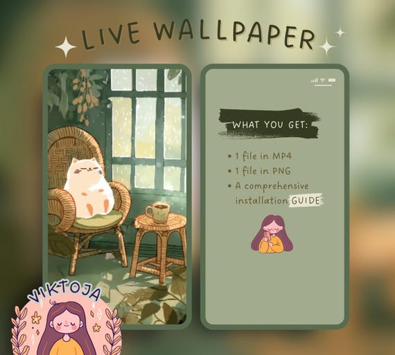 Cozy Rain Cat Live Wallpaper: Hygge Phone Background (MP4 & PNG)