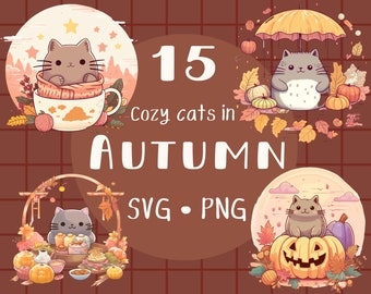 Autumn Cat Clipart: Kawaii Halloween PNG SVG (Digital Download)