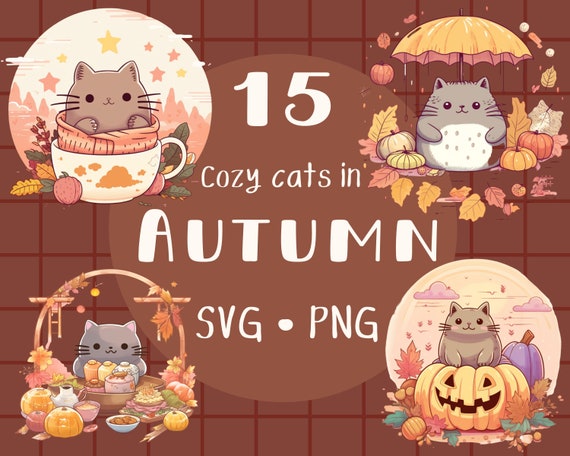 Autumn Cat Clipart: Kawaii Halloween PNG SVG (Digital Download)