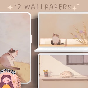 Katzen Tapeten Pflanzen Tapeten Bücher gemütliches Wallpaper Desktop Bundle Boho Tapete kawaii Instant Download Anime Tapete Katzen und Pflanzen
