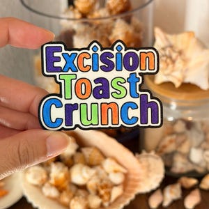 May include: A rectangular patch with a black border featuring the text Excision Toast Crunch in a bold, multi-colored font. The letters are filled with gradients of purple, orange, blue, and green, set against a white background.