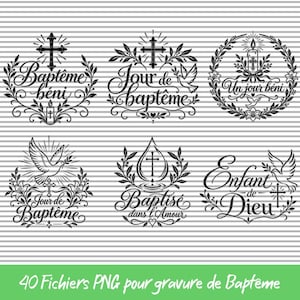 May include: A collection of six black and white digital graphic designs featuring religious baptismal themes, including crosses, doves, candles, floral wreaths, and French text such as Baptême béni, Jour de baptême, Un jour béni, and Enfant de Dieu.