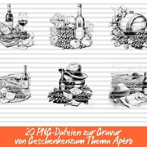 20 Aperitif-Designs als PNG – Digitale Dateien zum Gravieren oder Drucken | Wein, Käse, Wurst, Geselligkeit