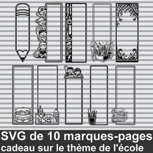 Peut inclure: Illustrations en noir et blanc de dix marque-pages sur le thème de l'école. Les motifs comprennent un crayon, des enfants, des fournitures scolaires et des élèves lisant. Le texte en bas indique "SVG de 10 marques-pages cadeau sur le thème de l'école."