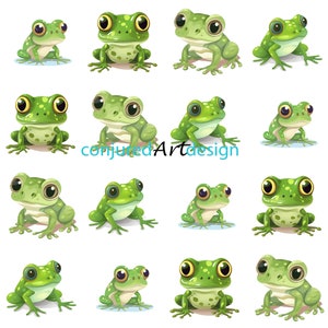 May include: A collection of 12 cartoon green frogs with large eyes, sitting on a white background. The frogs are in various poses, some with their mouths open, some with their tongues out, and some with their eyes closed.
