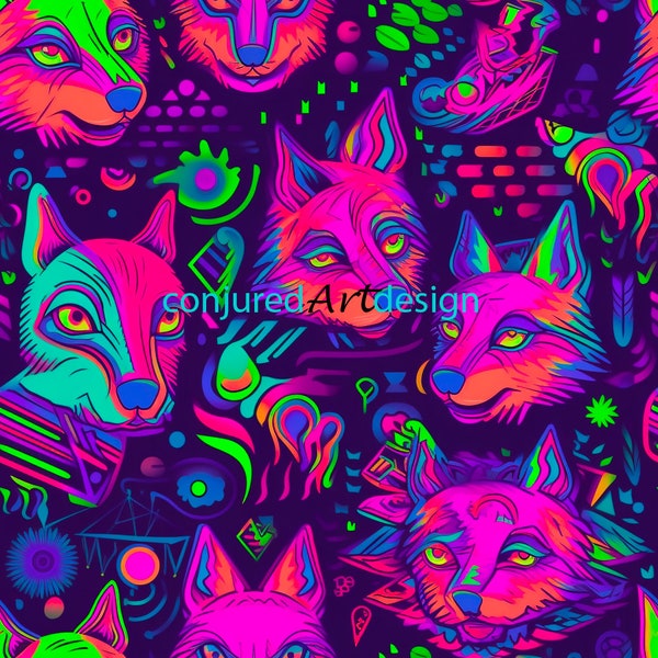 Seamless image of a psychedelic wolf illustration