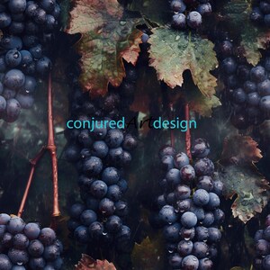May include: Close-up of dark purple grapes hanging from a vine. The grapes are wet and glistening, suggesting they have been rained on. The leaves of the vine are dark green and brown, with water droplets on them.