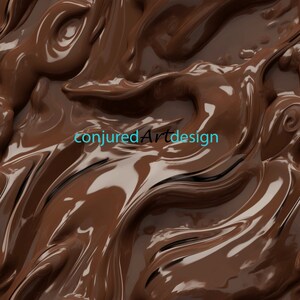 Può includere: Primo piano di cioccolato fondente ricco di colore marrone scuro con una superficie liscia e lucida. Il cioccolato è disposto in motivi a spirale e fluidi, creando un'immagine decadente e allettante.