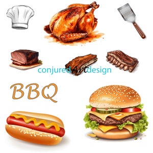 May include: A variety of BBQ foods including a roasted chicken, ribs, a hamburger, a hot dog, and a chef's hat. The text "BBQ" is written in orange.