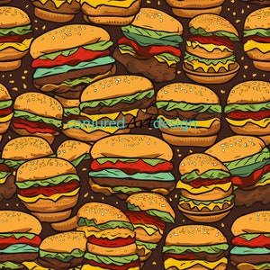 May include: A seamless pattern featuring cartoon illustrations of colorful hamburgers with lettuce, tomato, cheese, and sesame seed buns. The background is a dark brown color.