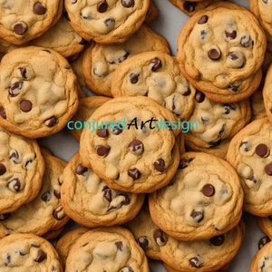 May include: A close-up of a pile of freshly baked chocolate chip cookies. The cookies are golden brown and have a soft, chewy texture. They are covered in chocolate chips and have a slightly crispy edge.
