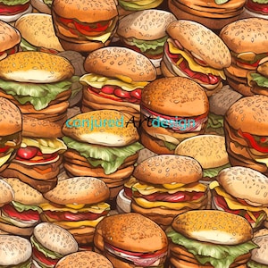 May include: A close-up image of a pattern of many colorful cartoon-style hamburgers. The burgers are stacked with lettuce, tomato, cheese, and sesame seed buns.