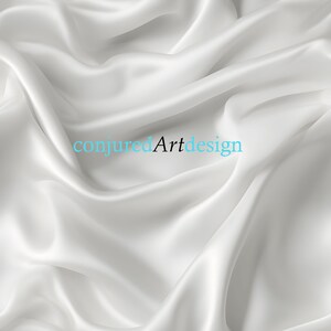 May include: White satin fabric with soft folds and wrinkles. The fabric is smooth and silky, with a luxurious feel.