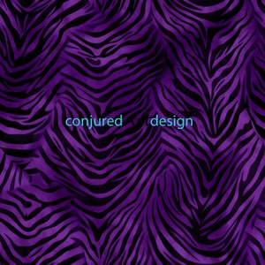 May include: Purple and black zebra print pattern. The text "conjured by design" is in the center of the image.