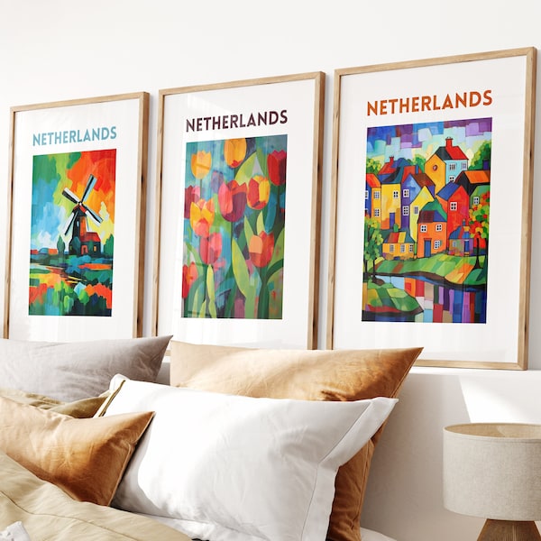 Nederland - Set van 3 landschapskunst | Mensen en plaatsen | Direct downloaden | Digitale afdrukken | Verticale afbeeldingen | Matisse geïnspireerde kunstwerken