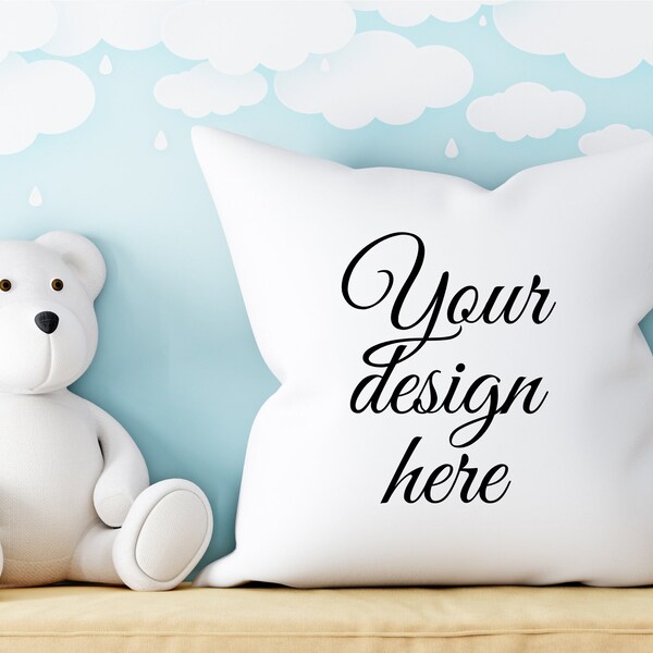 Kids and Baby blank White square pillow mock up, Children Throw pillow mockup, Simple white styled cushion moc kups, Nursery mockup