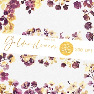 Gold Blumen Clipart PNG | Gold und lila Blumen Clipart | Sakura, Rose, Flieder, Orchidee | Hochzeit Logo Elemente